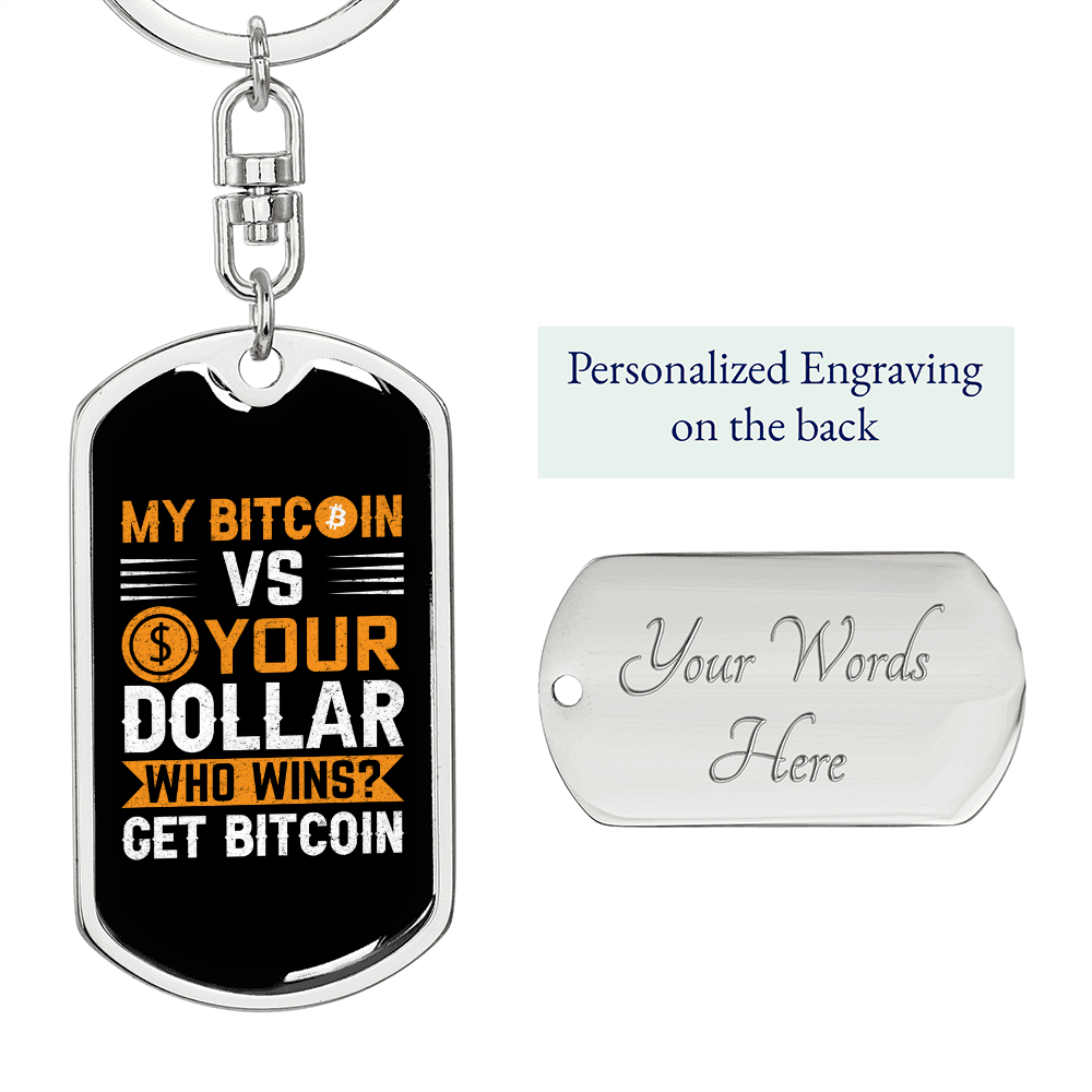 Bitcoin VS Dollar Crypto Keychain Stainless Steel or 18k Gold Dog Tag Keyring-Express Your Love Gifts