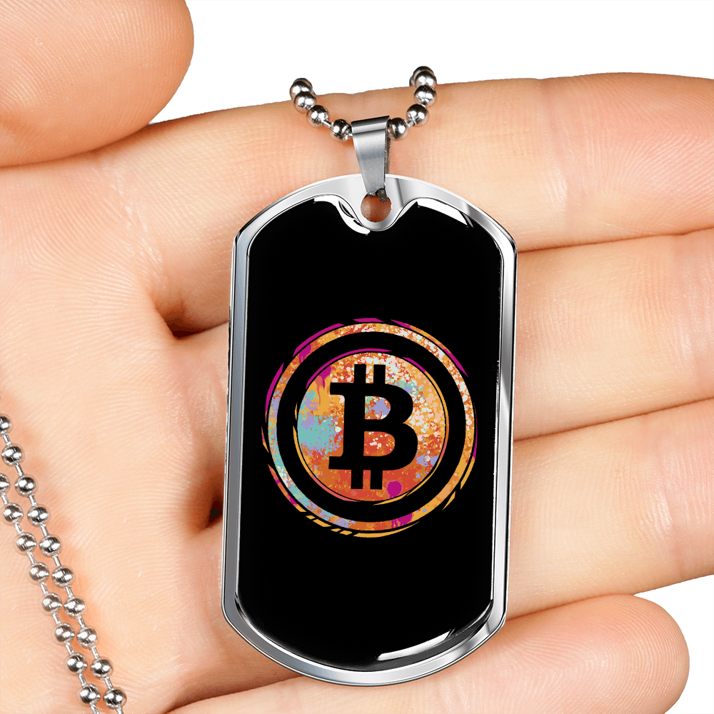 Bitcoin Watercolor Crypto Necklace Stainless Steel or 18k Gold Dog Tag 24" Chain-Express Your Love Gifts