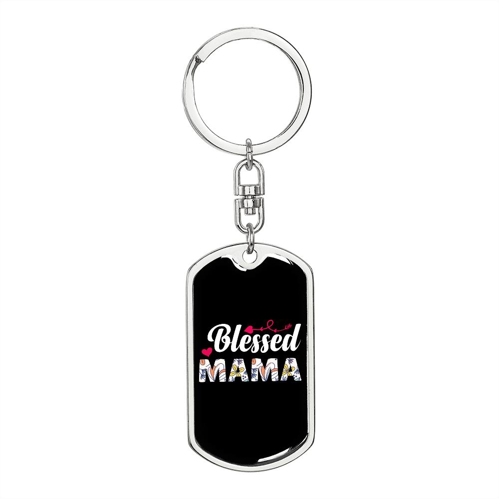 Blessed Mama Black & White Mom Keychain Stainless Steel or 18k Gold Dog Tag Keyring-Express Your Love Gifts