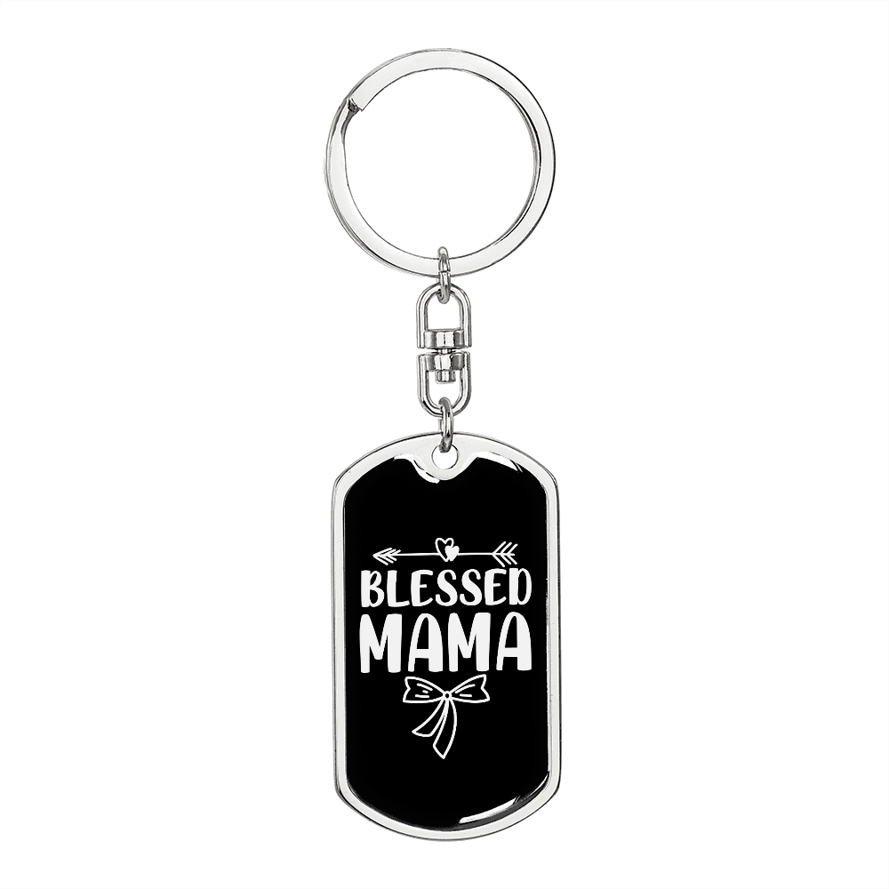 Blessed Mama Ribbon Mom Keychain Stainless Steel or 18k Gold Dog Tag Keyring-Express Your Love Gifts