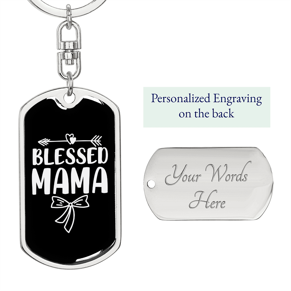 Blessed Mama Ribbon Mom Keychain Stainless Steel or 18k Gold Dog Tag Keyring-Express Your Love Gifts