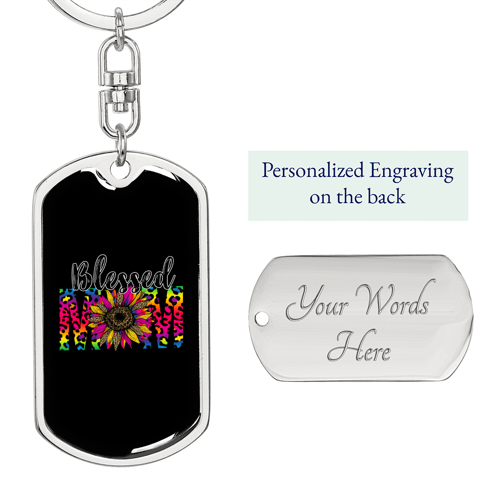 Blessed Mom Colorful Flower Keychain Stainless Steel or 18k Gold Dog Tag Keyring-Express Your Love Gifts