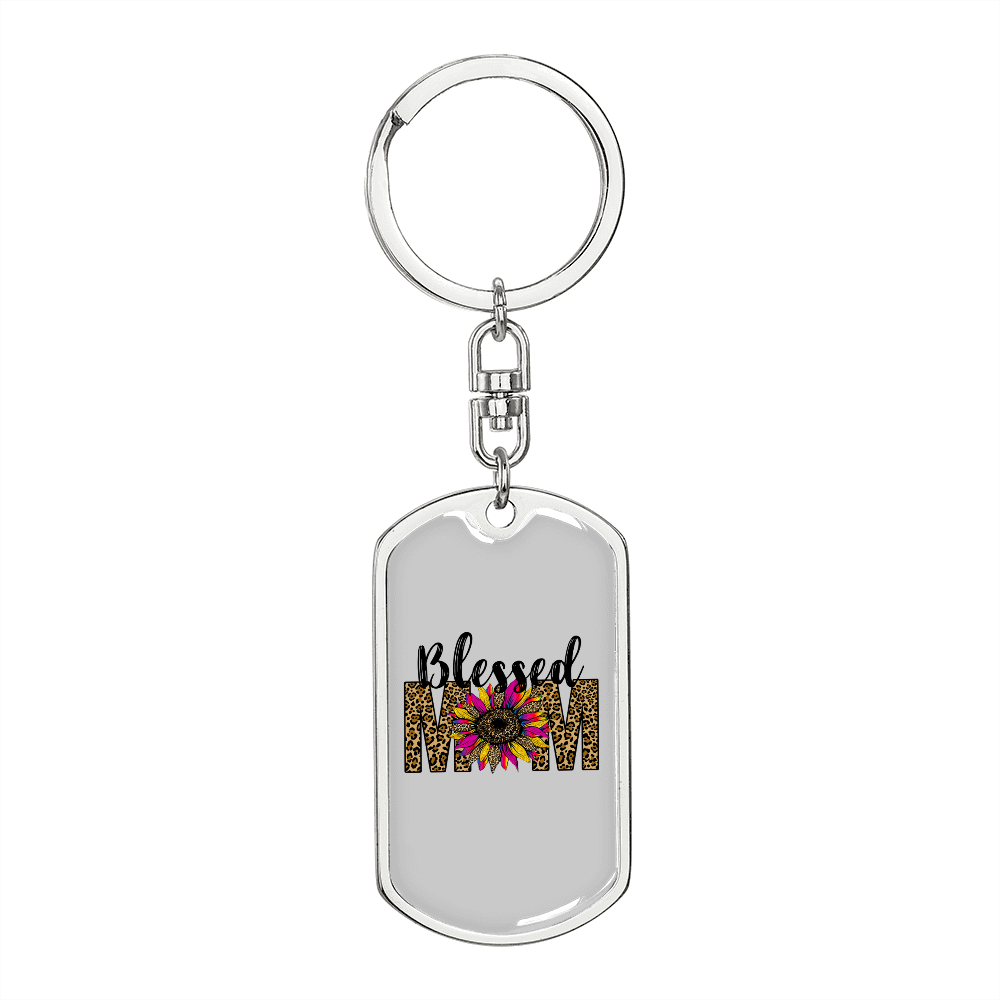 Blessed Mom Flower Keychain Stainless Steel or 18k Gold Dog Tag Keyring-Express Your Love Gifts
