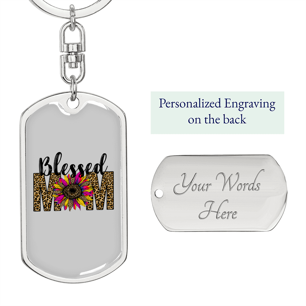 Blessed Mom Flower Keychain Stainless Steel or 18k Gold Dog Tag Keyring-Express Your Love Gifts