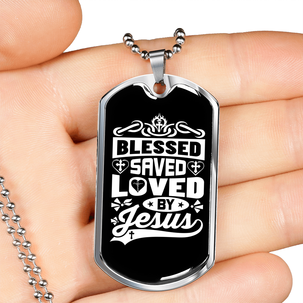 Blessed Saved Loved Necklace Stainless Steel or 18k Gold Dog Tag 24" Chain-Express Your Love Gifts