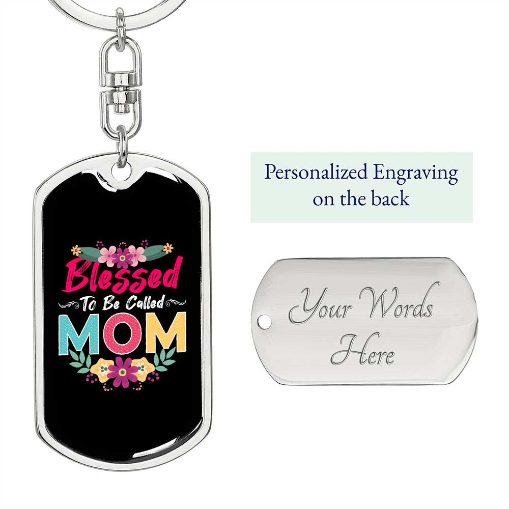 Blessed To Be Called Mom Pink Keychain Stainless Steel or 18k Gold Dog Tag Keyring-Express Your Love Gifts