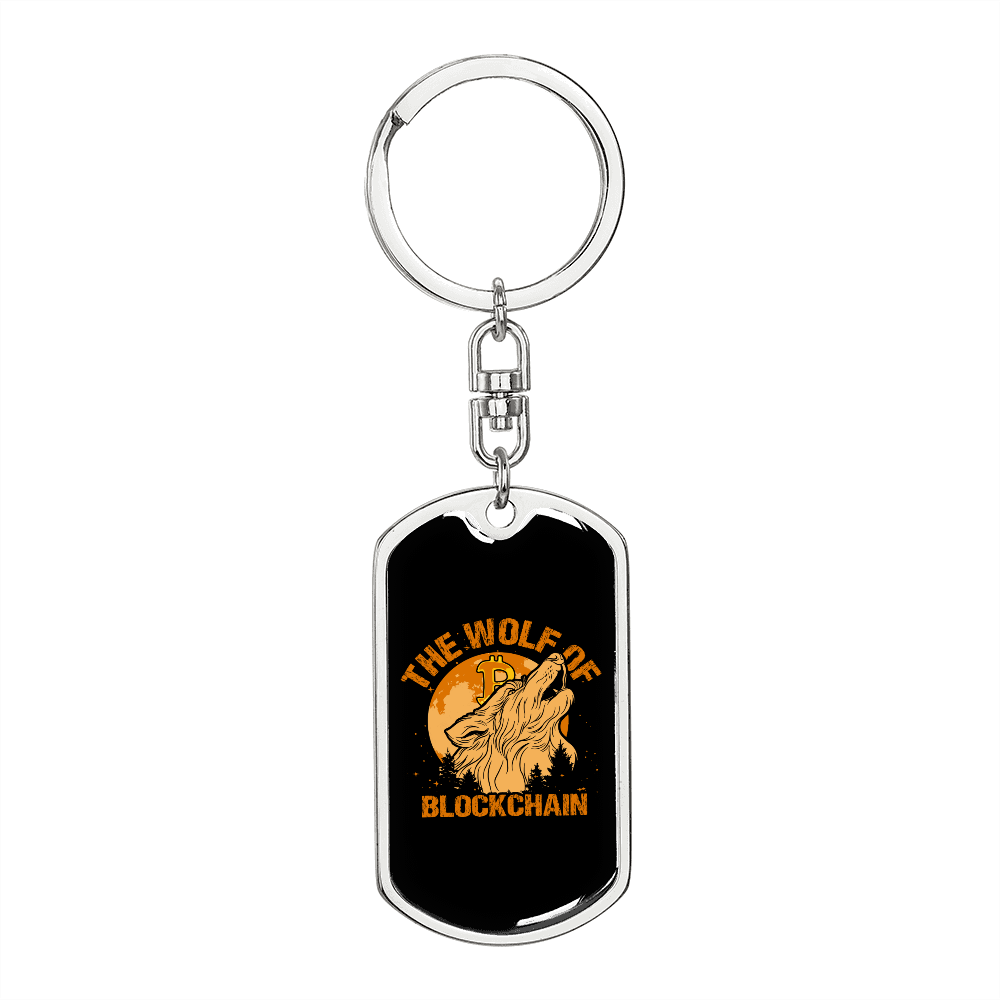 Blockchain Wolf Crypto Keychain Stainless Steel or 18k Gold Dog Tag Keyring-Express Your Love Gifts