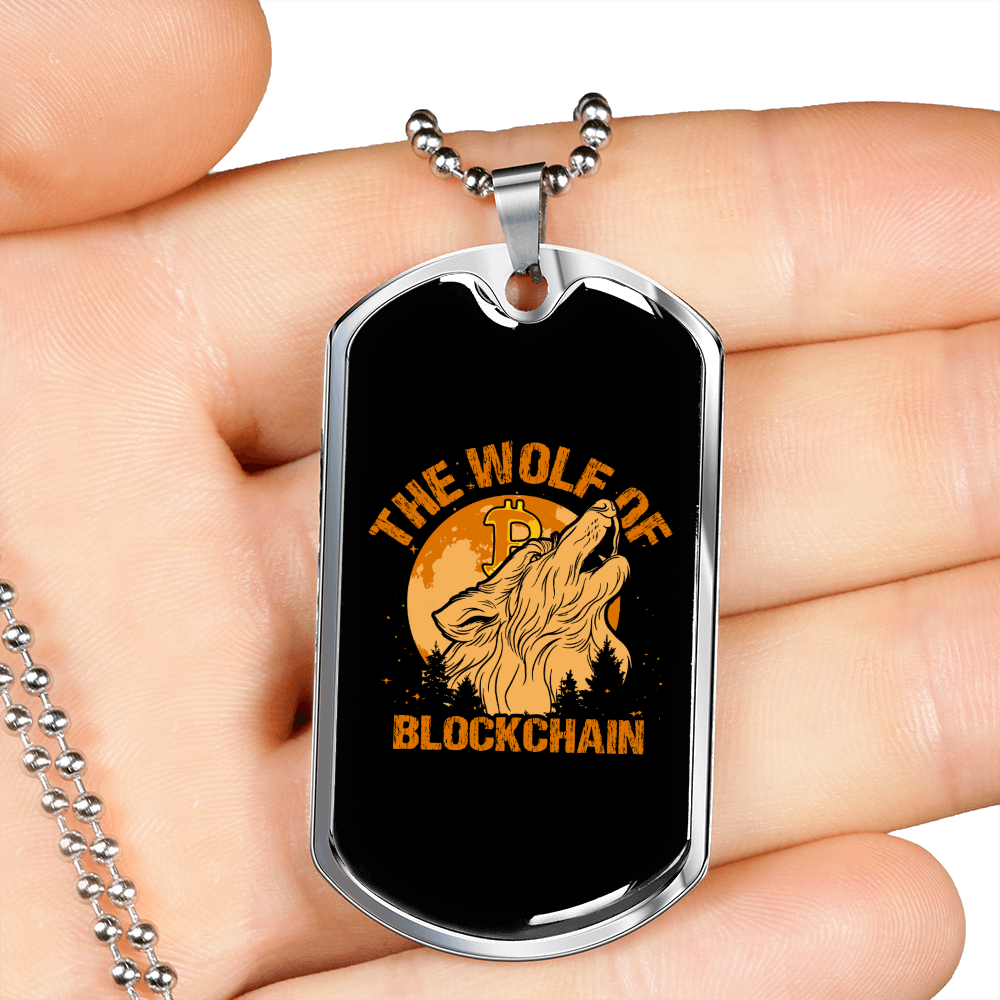 Blockchain Wolf Crypto Necklace Stainless Steel or 18k Gold Dog Tag 24" Chain-Express Your Love Gifts