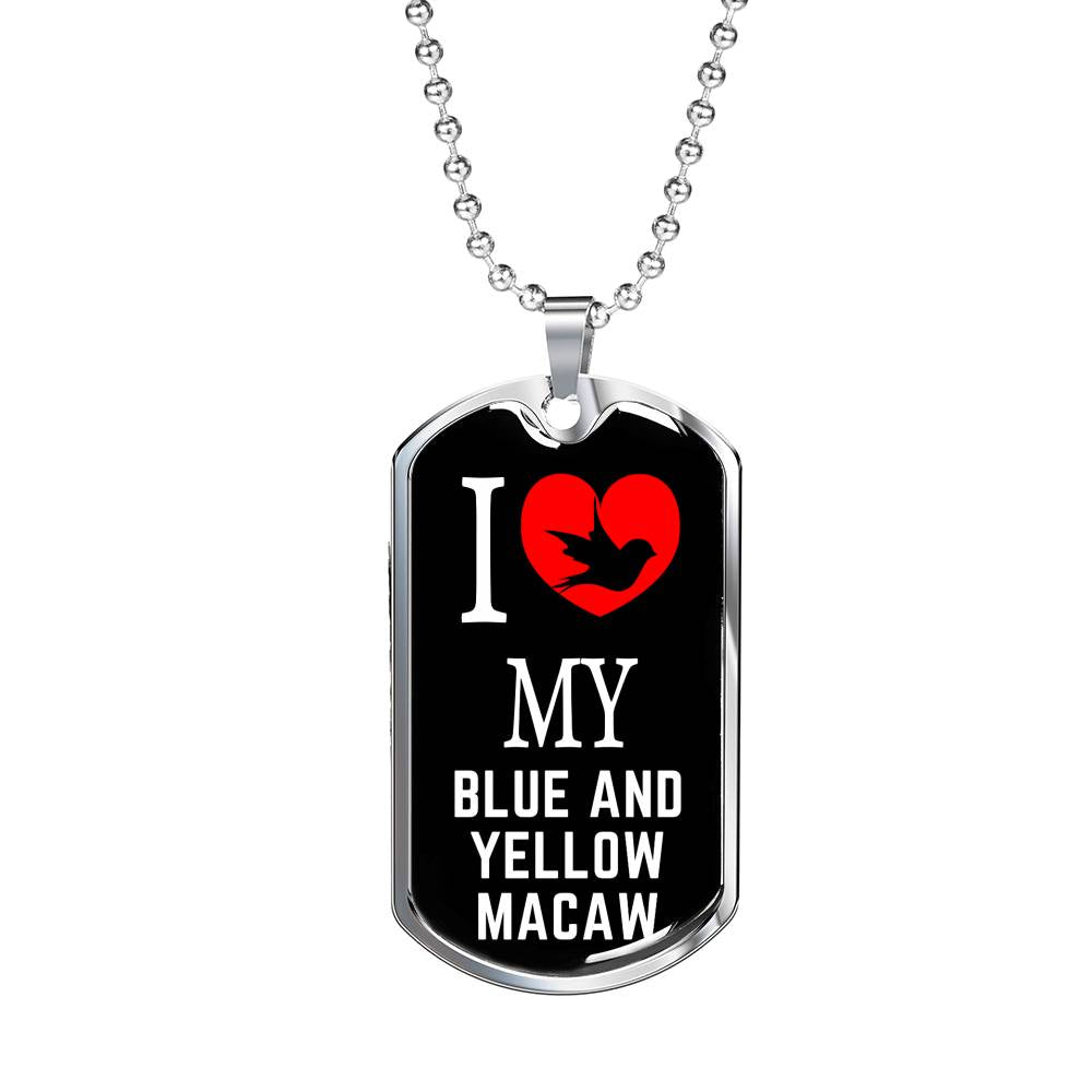Blue And Yellow Macaw Necklace Stainless Steel or 18k Gold Dog Tag 24" Chain-Express Your Love Gifts