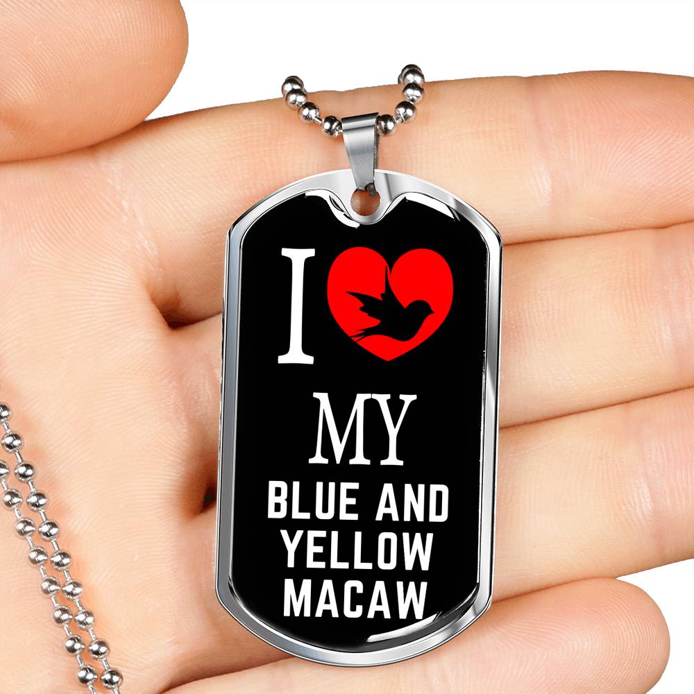 Blue And Yellow Macaw Necklace Stainless Steel or 18k Gold Dog Tag 24" Chain-Express Your Love Gifts