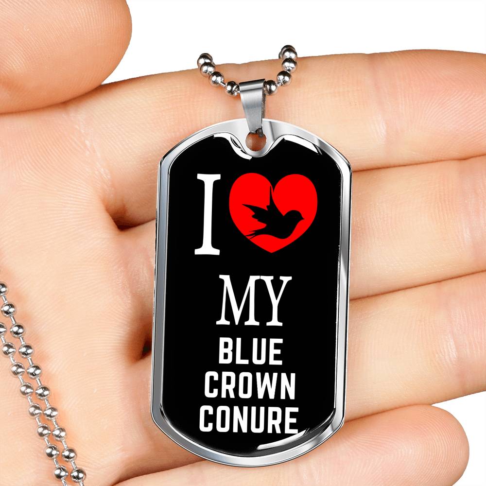 Blue Crown Conure Necklace Stainless Steel or 18k Gold Dog Tag 24" Chain-Express Your Love Gifts