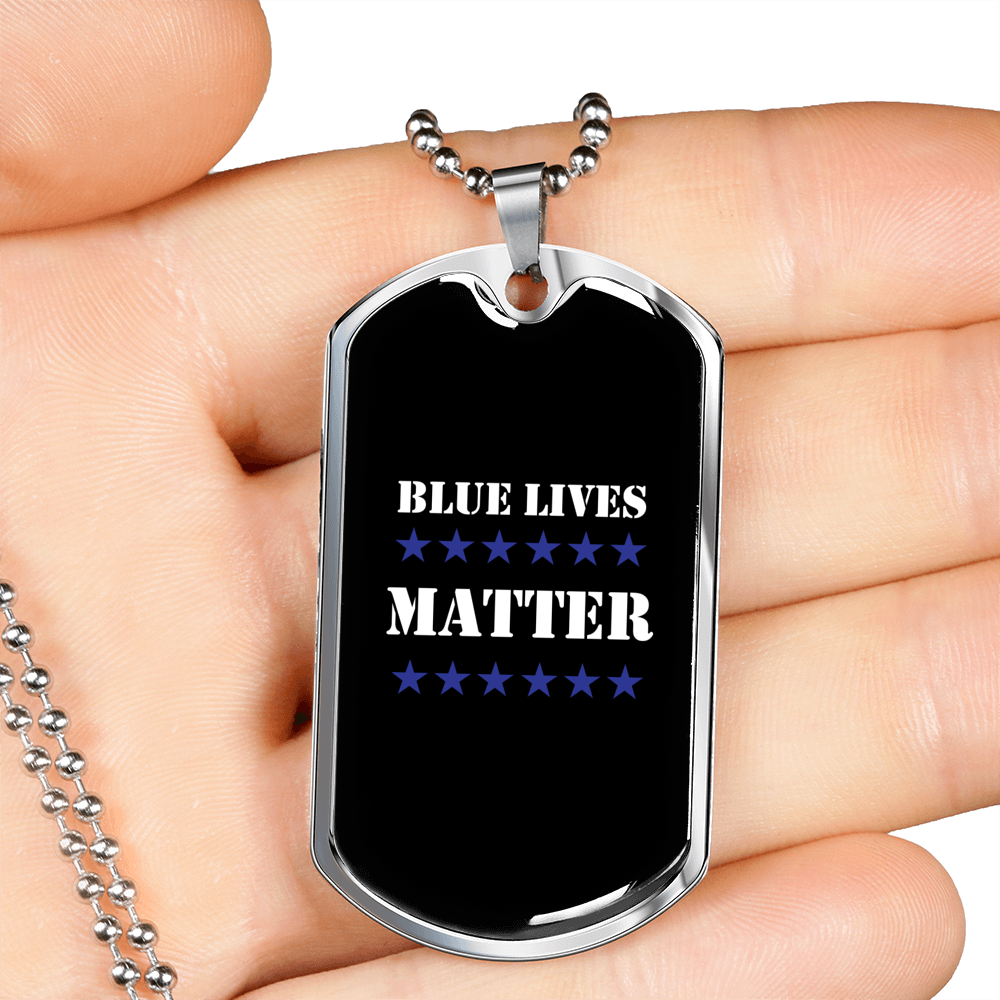 Blue Lives Matter Necklace Stainless Steel or 18k Gold Dog Tag 24"-Express Your Love Gifts