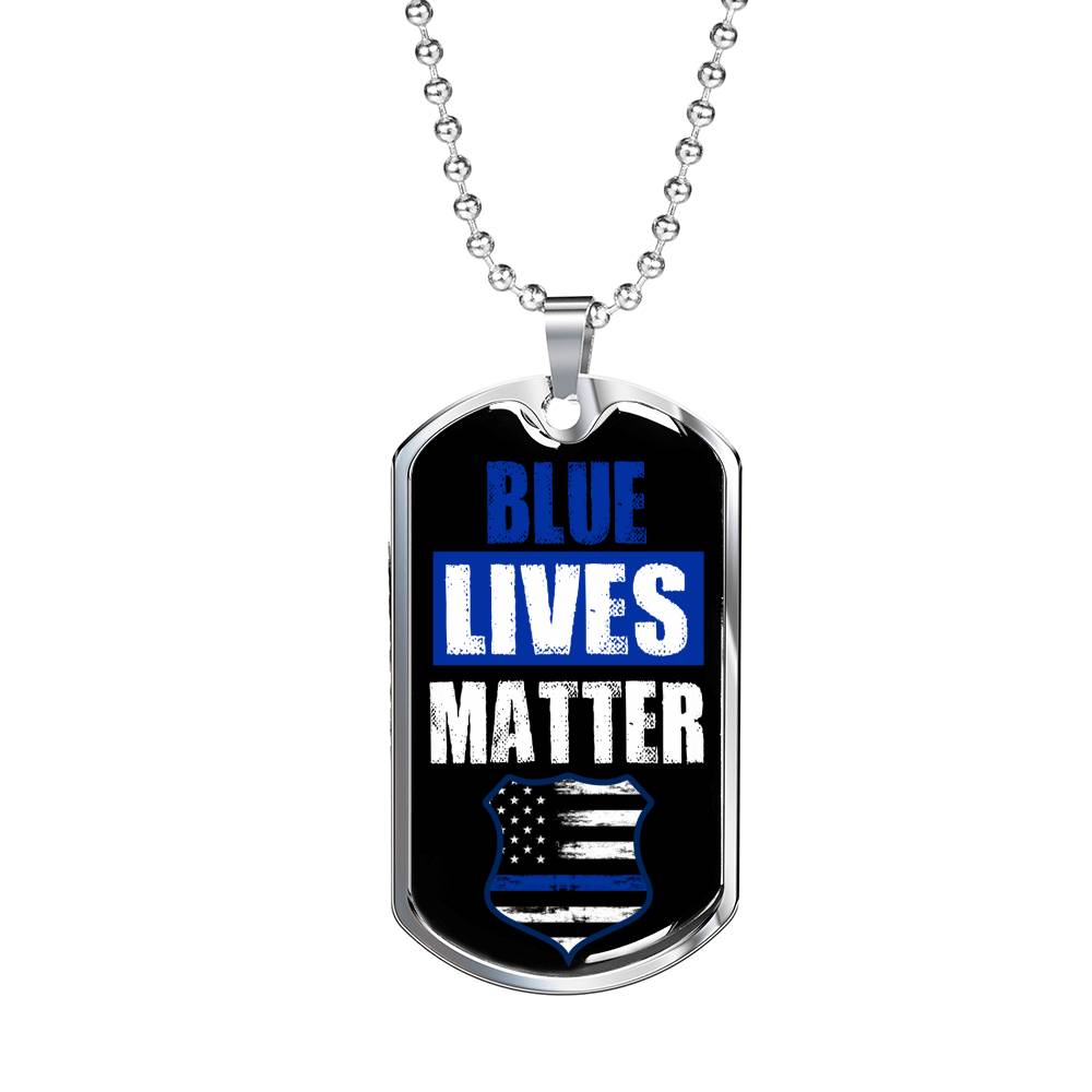 Blue Lives Matter Police Necklace Stainless Steel or 18k Gold Dog Tag 24" Chain-Express Your Love Gifts