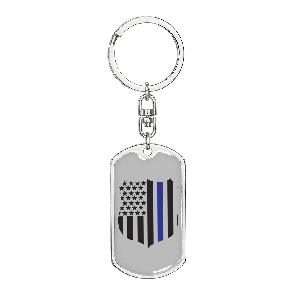 Blue Thin Line Badge Blue Keychain Stainless Steel or 18k Gold Dog Tag Keyring-Express Your Love Gifts