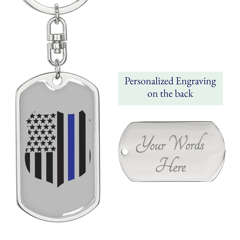 Blue Thin Line Badge Blue Keychain Stainless Steel or 18k Gold Dog Tag Keyring-Express Your Love Gifts