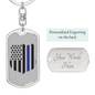 Blue Thin Line Badge Blue Keychain Stainless Steel or 18k Gold Dog Tag Keyring-Express Your Love Gifts
