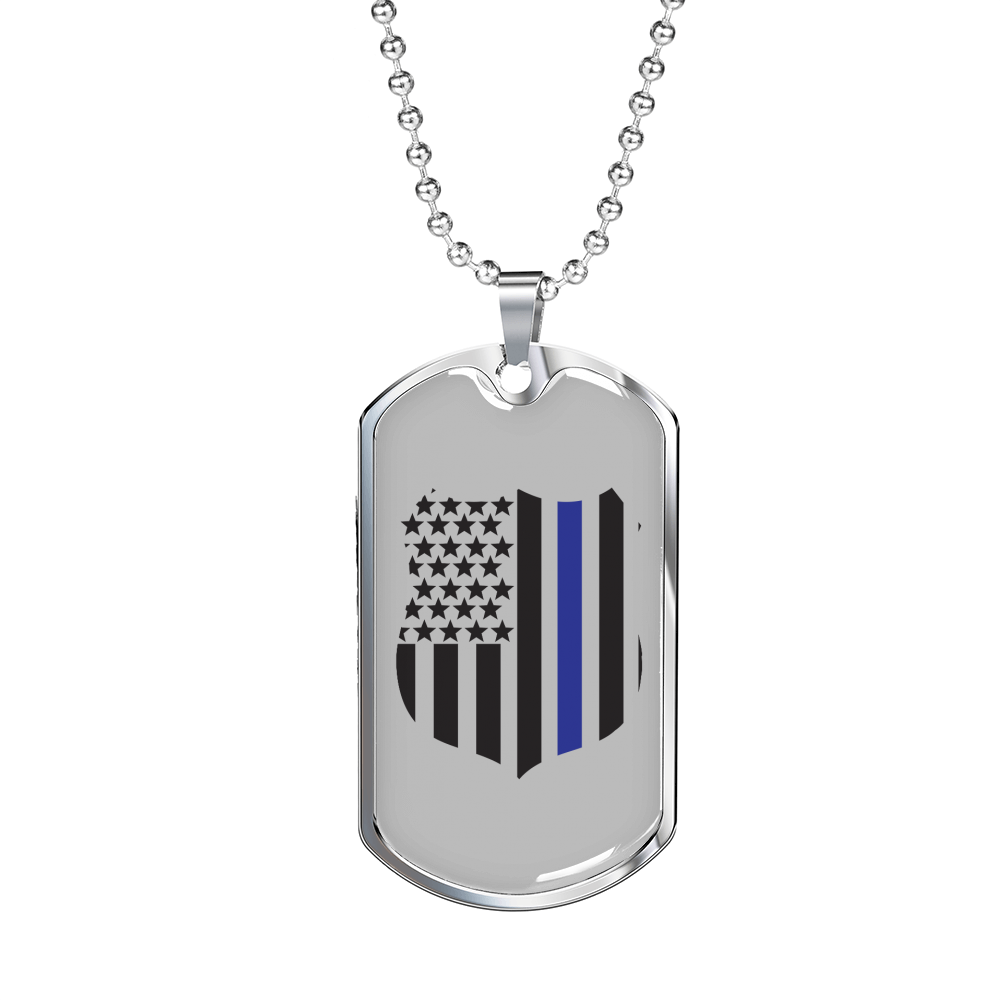 Blue Thin Line Badge Blue Necklace Stainless Steel or 18k Gold Dog Tag 24"-Express Your Love Gifts