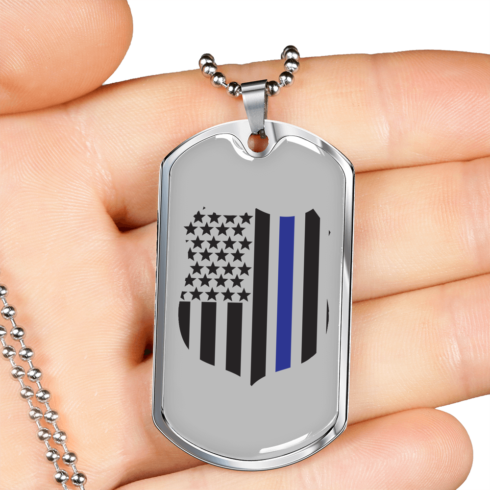 Blue Thin Line Badge Blue Necklace Stainless Steel or 18k Gold Dog Tag 24"-Express Your Love Gifts