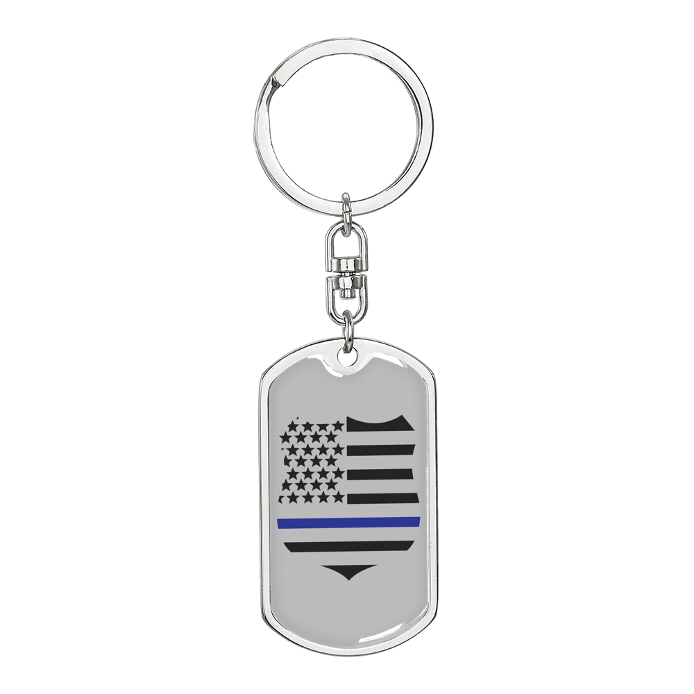 Blue Thin Line Badge Keychain Stainless Steel or 18k Gold Dog Tag Keyring-Express Your Love Gifts