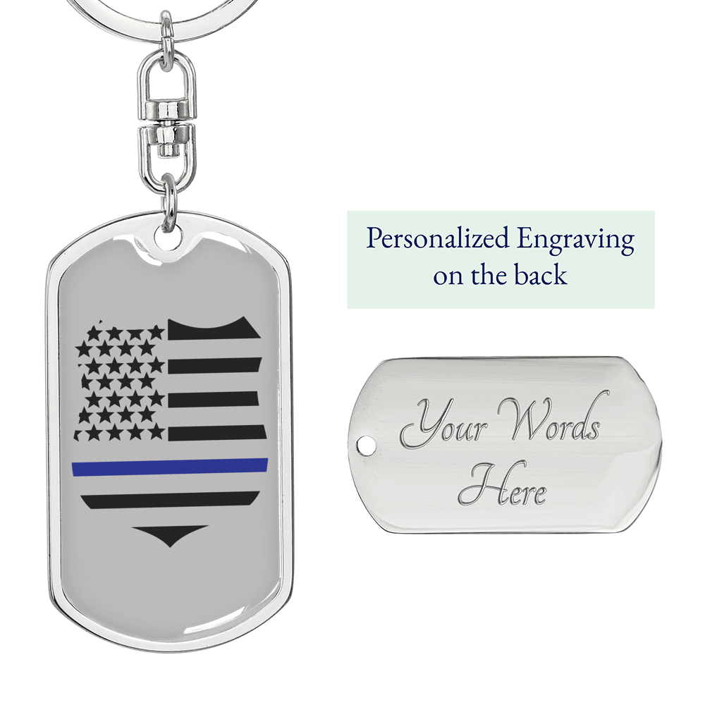Blue Thin Line Badge Keychain Stainless Steel or 18k Gold Dog Tag Keyring-Express Your Love Gifts