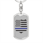 Blue Thin Line Badge Keychain Stainless Steel or 18k Gold Dog Tag Keyring-Express Your Love Gifts