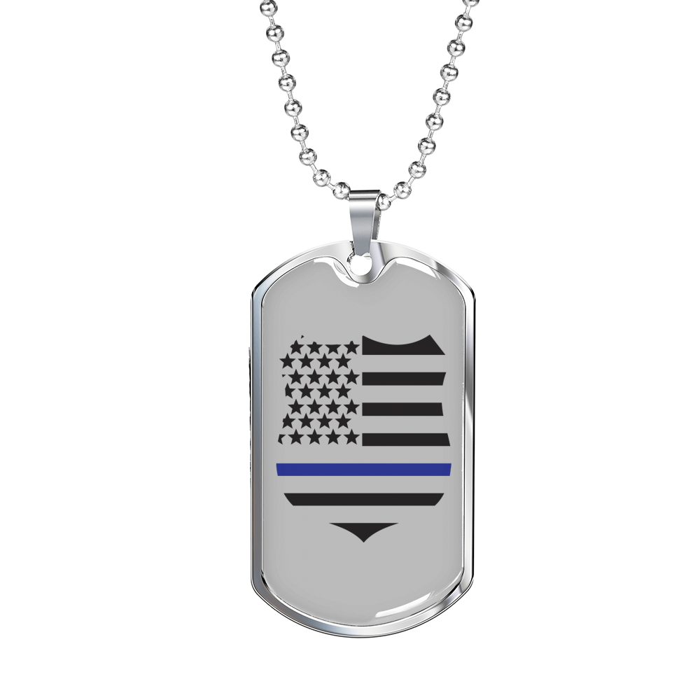 Blue Thin Line Badge Necklace Stainless Steel or 18k Gold Dog Tag 24"-Express Your Love Gifts