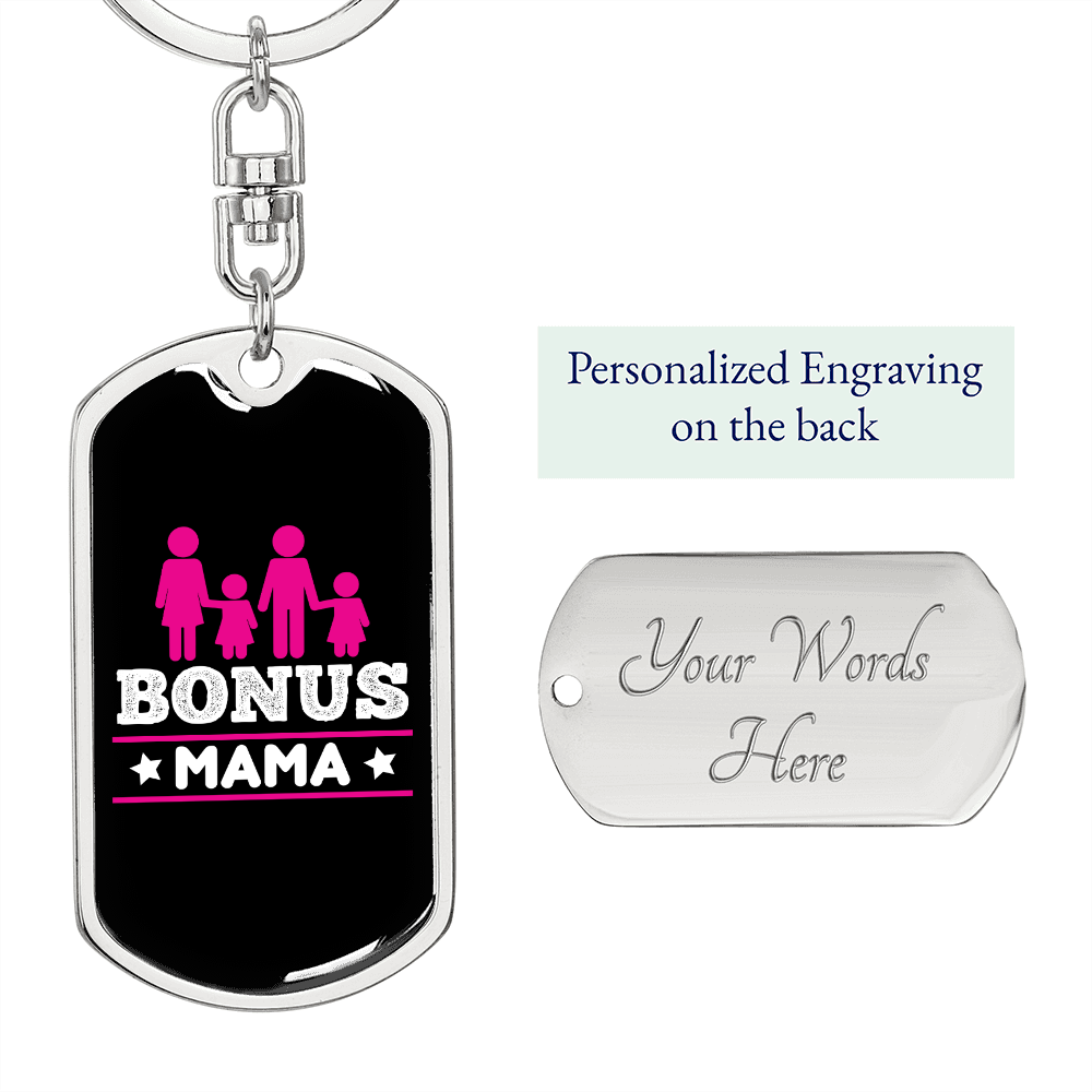 Bonus Mama Mom Keychain Stainless Steel or 18k Gold Dog Tag Keyring-Express Your Love Gifts
