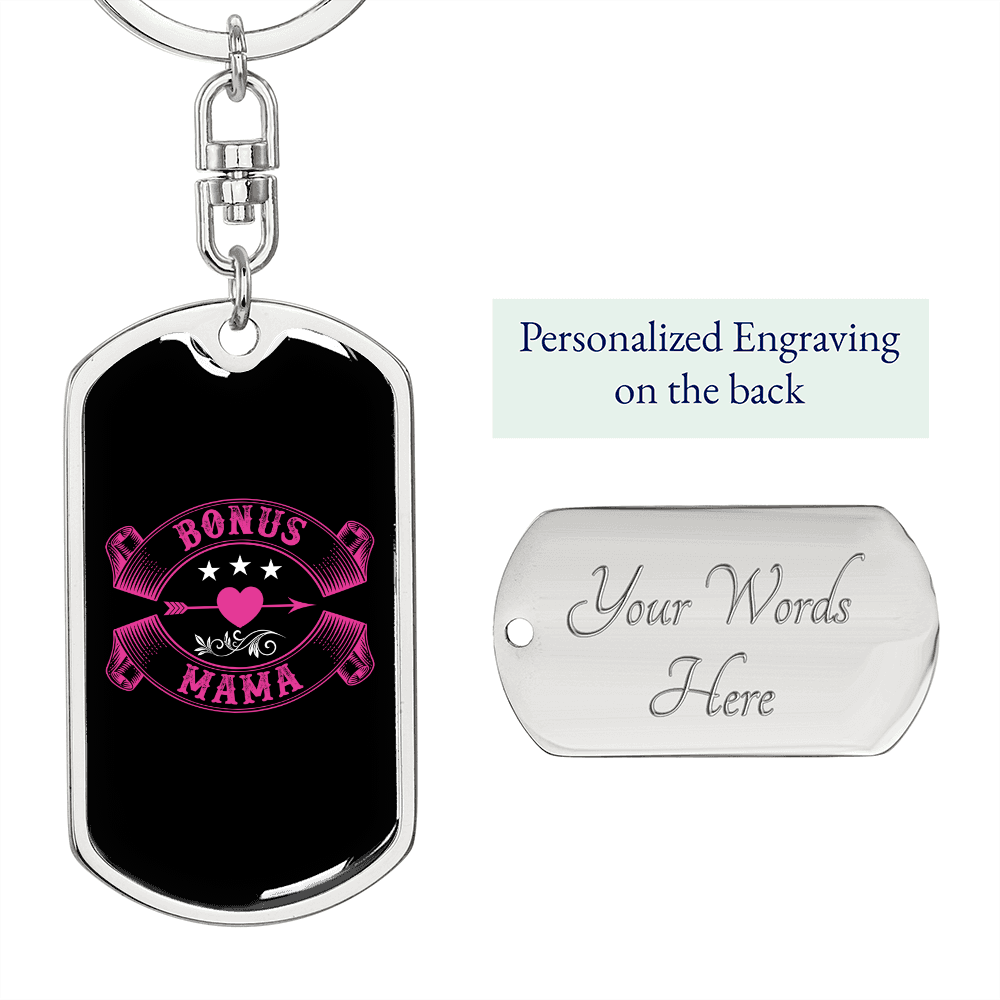 Bonus Mama Pink Mom Keychain Stainless Steel or 18k Gold Dog Tag Keyring-Express Your Love Gifts