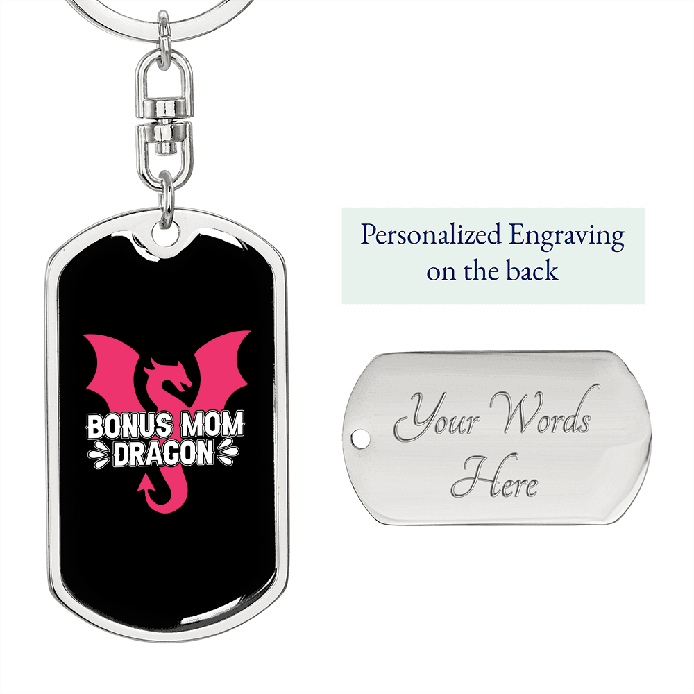 Bonus Mom Dragon Keychain Stainless Steel or 18k Gold Dog Tag Keyring-Express Your Love Gifts