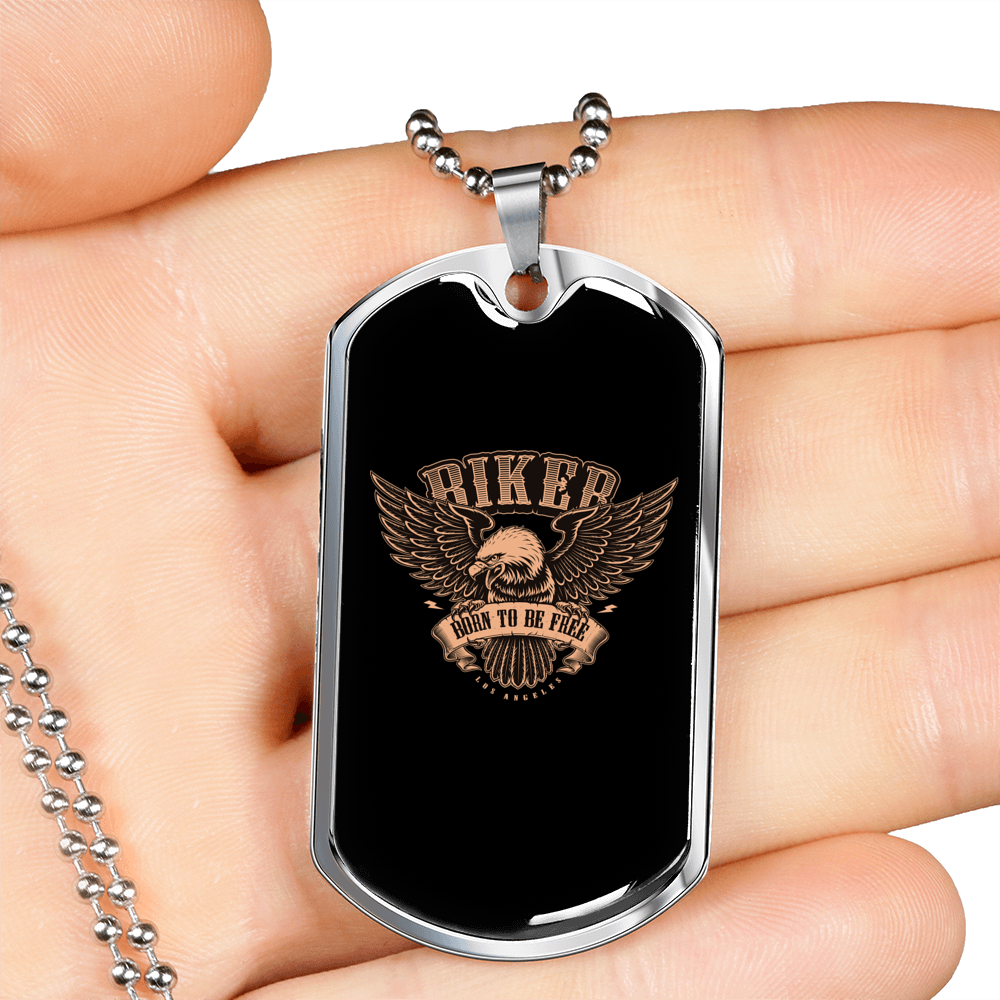 Born To Be Free Bikers Biker Necklace Stainless Steel or 18k Gold Dog Tag 24"-Express Your Love Gifts