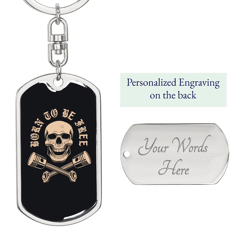 Born To Be Free Skull Biker Keychain Stainless Steel or 18k Gold Dog Tag Keyring-Express Your Love Gifts
