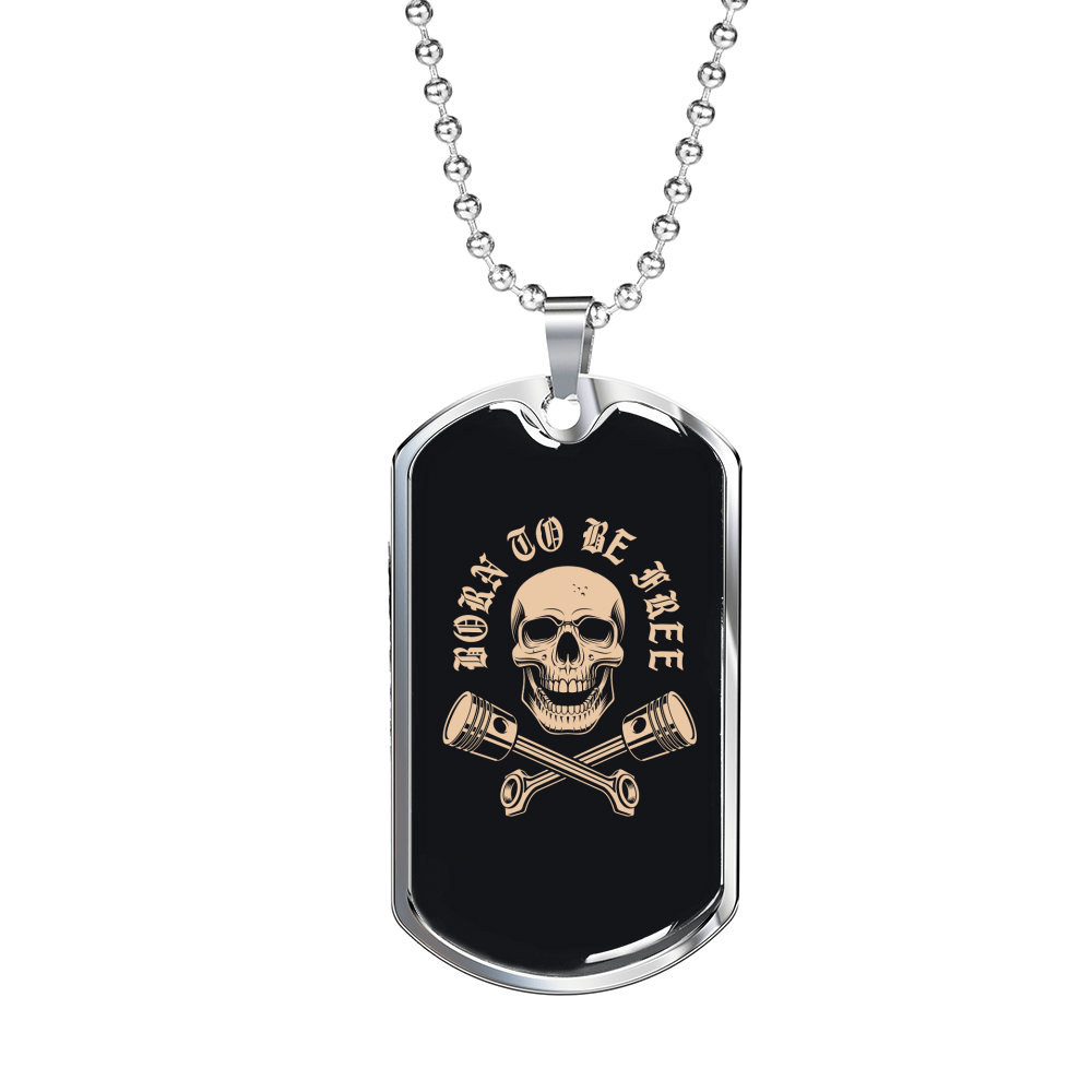 Born To Be Free Skull Biker Necklace Stainless Steel or 18k Gold Dog Tag 24"-Express Your Love Gifts
