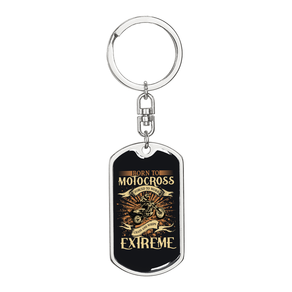 Born To Motocross Biker Keychain Stainless Steel or 18k Gold Dog Tag Keyring-Express Your Love Gifts