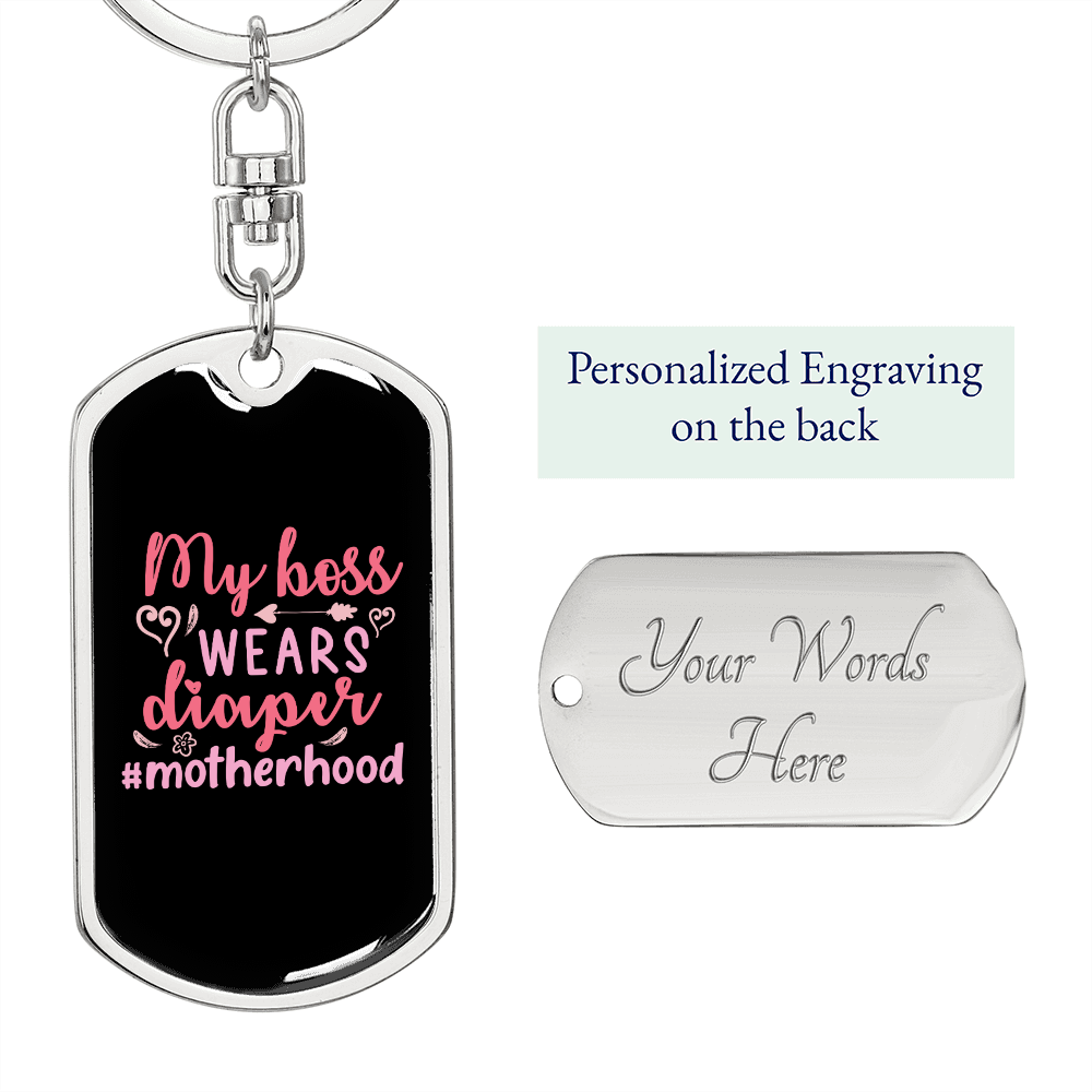 Boss Wears Diapers Purple Mom Keychain Stainless Steel or 18k Gold Dog Tag Keyring-Express Your Love Gifts