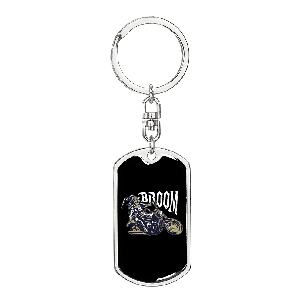 Broom Witch Biker Keychain Stainless Steel or 18k Gold Dog Tag Keyring-Express Your Love Gifts