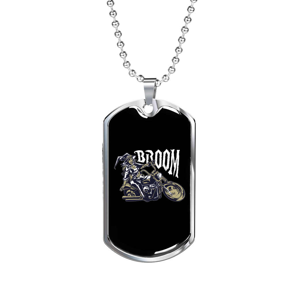 Broom Witch Biker Necklace Stainless Steel or 18k Gold Dog Tag 24"-Express Your Love Gifts