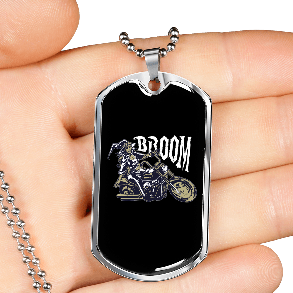 Broom Witch Biker Necklace Stainless Steel or 18k Gold Dog Tag 24"-Express Your Love Gifts