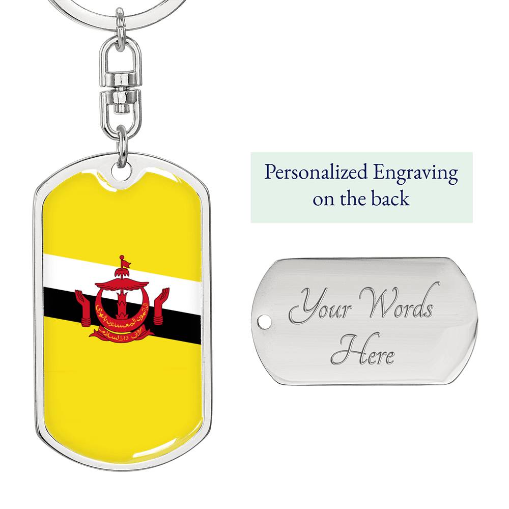 Brunei Darussalam Flag Keychain Dog Tag Stainless Steel or 18k Gold-Express Your Love Gifts