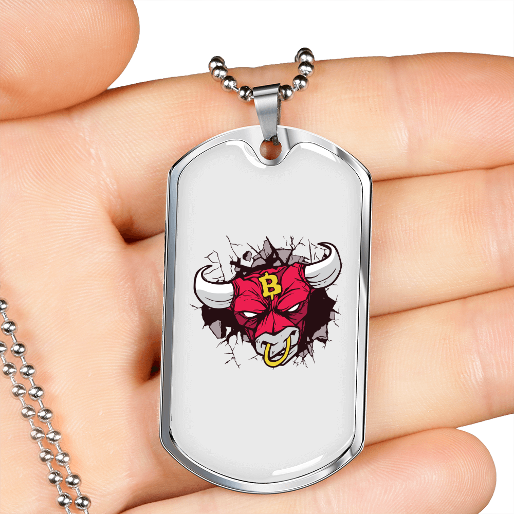 Bull Bitcoin Crypto Necklace Stainless Steel or 18k Gold Dog Tag 24" Chain-Express Your Love Gifts