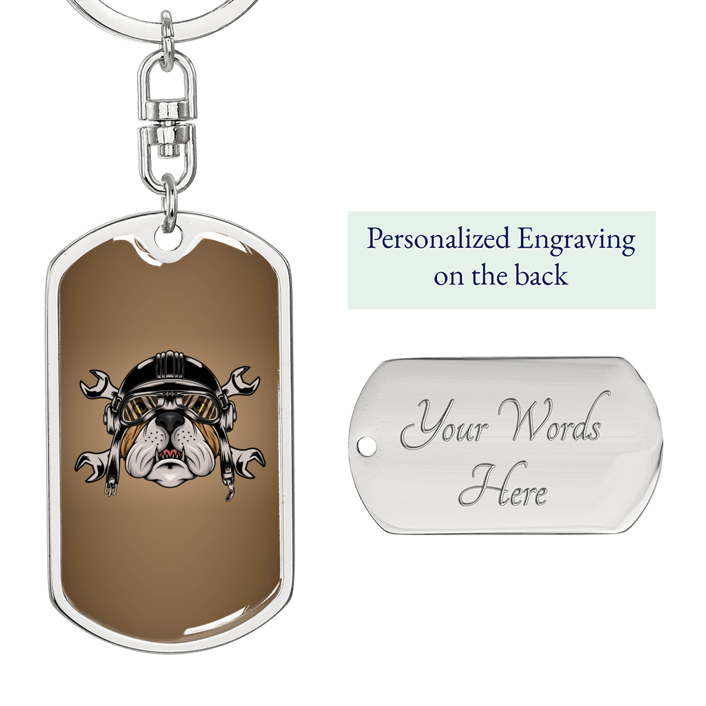 Bulldog Helmet Biker Keychain Stainless Steel or 18k Gold Dog Tag Keyring-Express Your Love Gifts