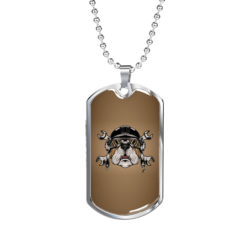 Bulldog Helmet Biker Necklace Stainless Steel or 18k Gold Dog Tag 24"-Express Your Love Gifts