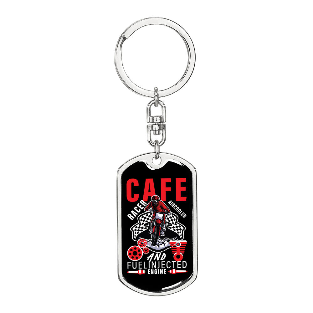 Cafe Fuel Injected Engine Biker Keychain Stainless Steel or 18k Gold Dog Tag Keyring-Express Your Love Gifts