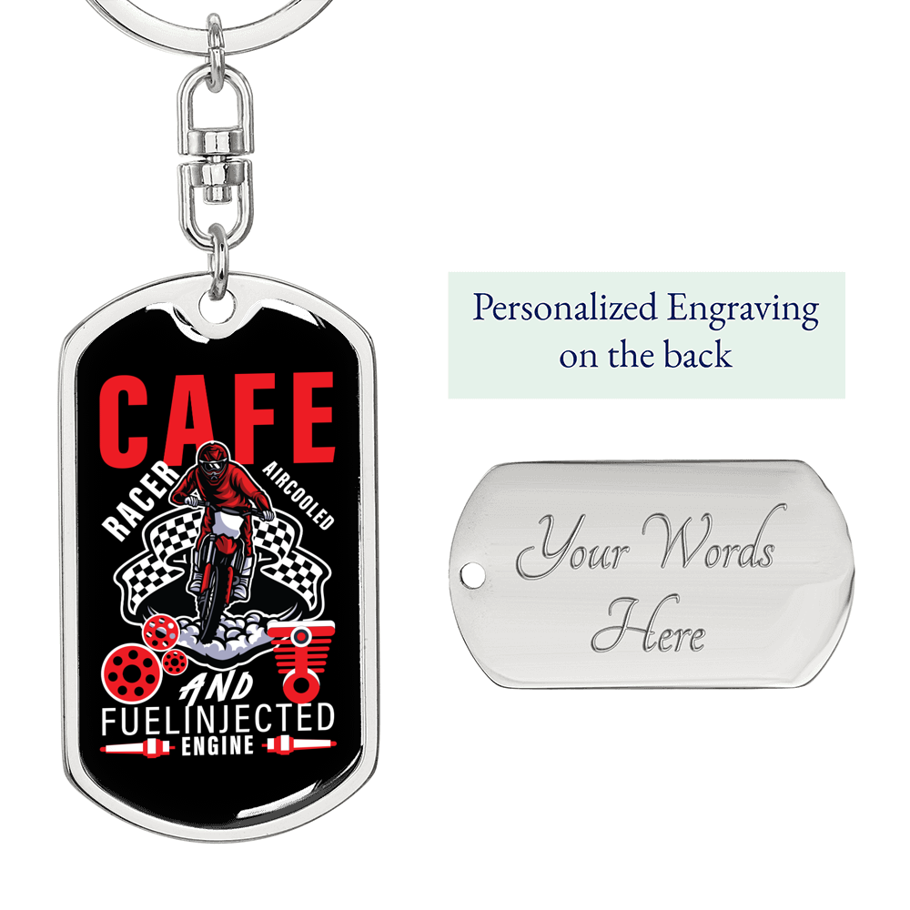 Cafe Fuel Injected Engine Biker Keychain Stainless Steel or 18k Gold Dog Tag Keyring-Express Your Love Gifts