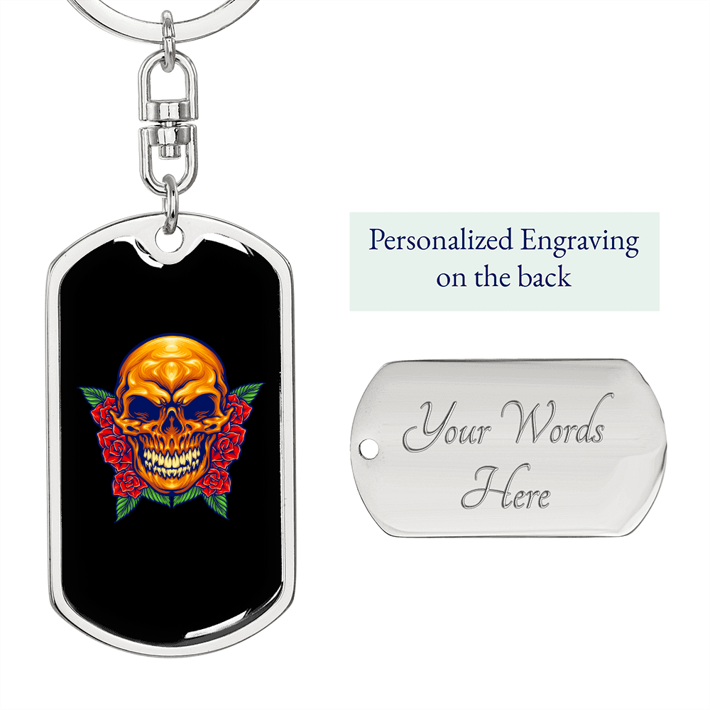 Calavera Mexican Day of the Dead Mexican Sugar Skull Keychain Stainless Steel or 18k Gold Dog Tag Keyring-Express Your Love Gifts