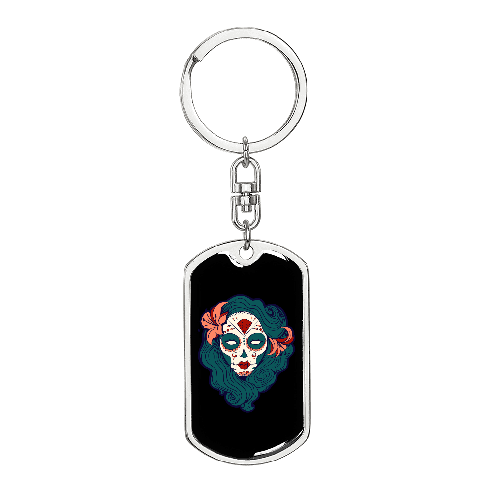 Calavera Mexican Pin-up Sugar Skull Keychain Stainless Steel or 18k Gold Dog Tag Keyring-Express Your Love Gifts
