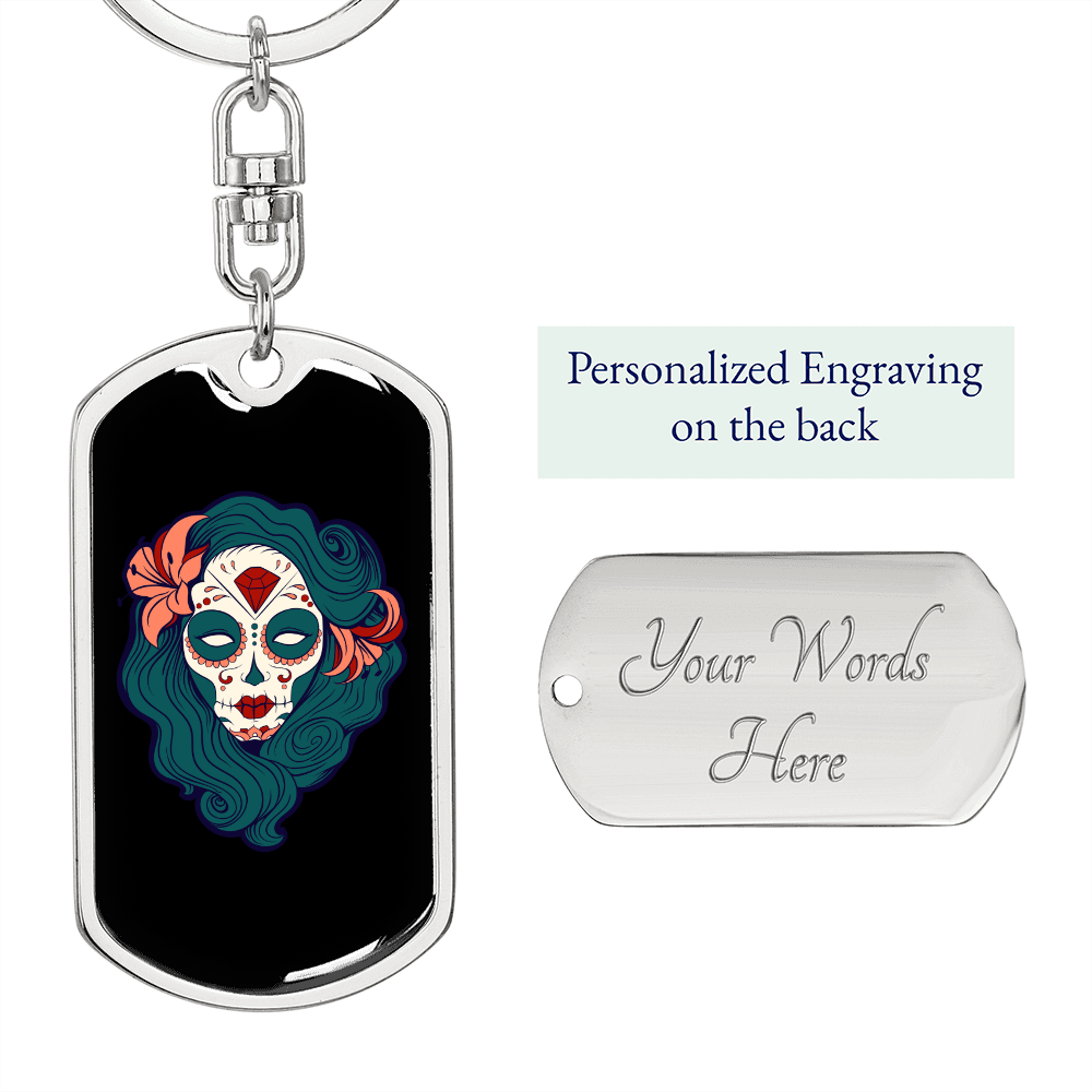 Calavera Mexican Pin-up Sugar Skull Keychain Stainless Steel or 18k Gold Dog Tag Keyring-Express Your Love Gifts