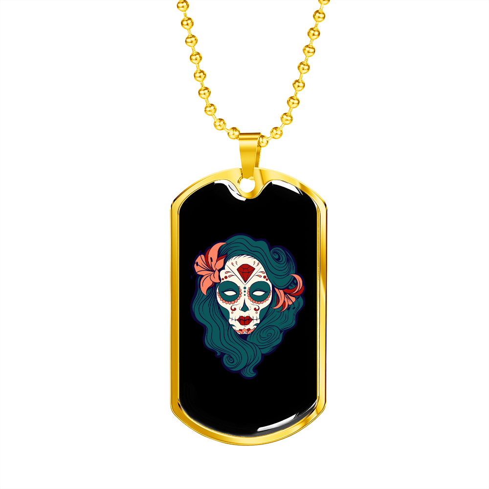 Calavera Mexican Pin-up Sugar Skull Necklace Stainless Steel or 18k Gold Dog Tag 24" Chain-Express Your Love Gifts