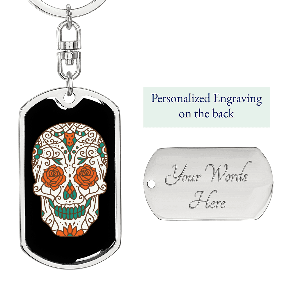Calavera Mexican Rose Eyes Sugar Skull Keychain Stainless Steel or 18k Gold Dog Tag Keyring-Express Your Love Gifts