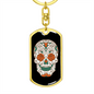 Calavera Mexican Rose Eyes Sugar Skull Keychain Stainless Steel or 18k Gold Dog Tag Keyring-Express Your Love Gifts