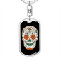 Calavera Mexican Rose Eyes Sugar Skull Keychain Stainless Steel or 18k Gold Dog Tag Keyring-Express Your Love Gifts